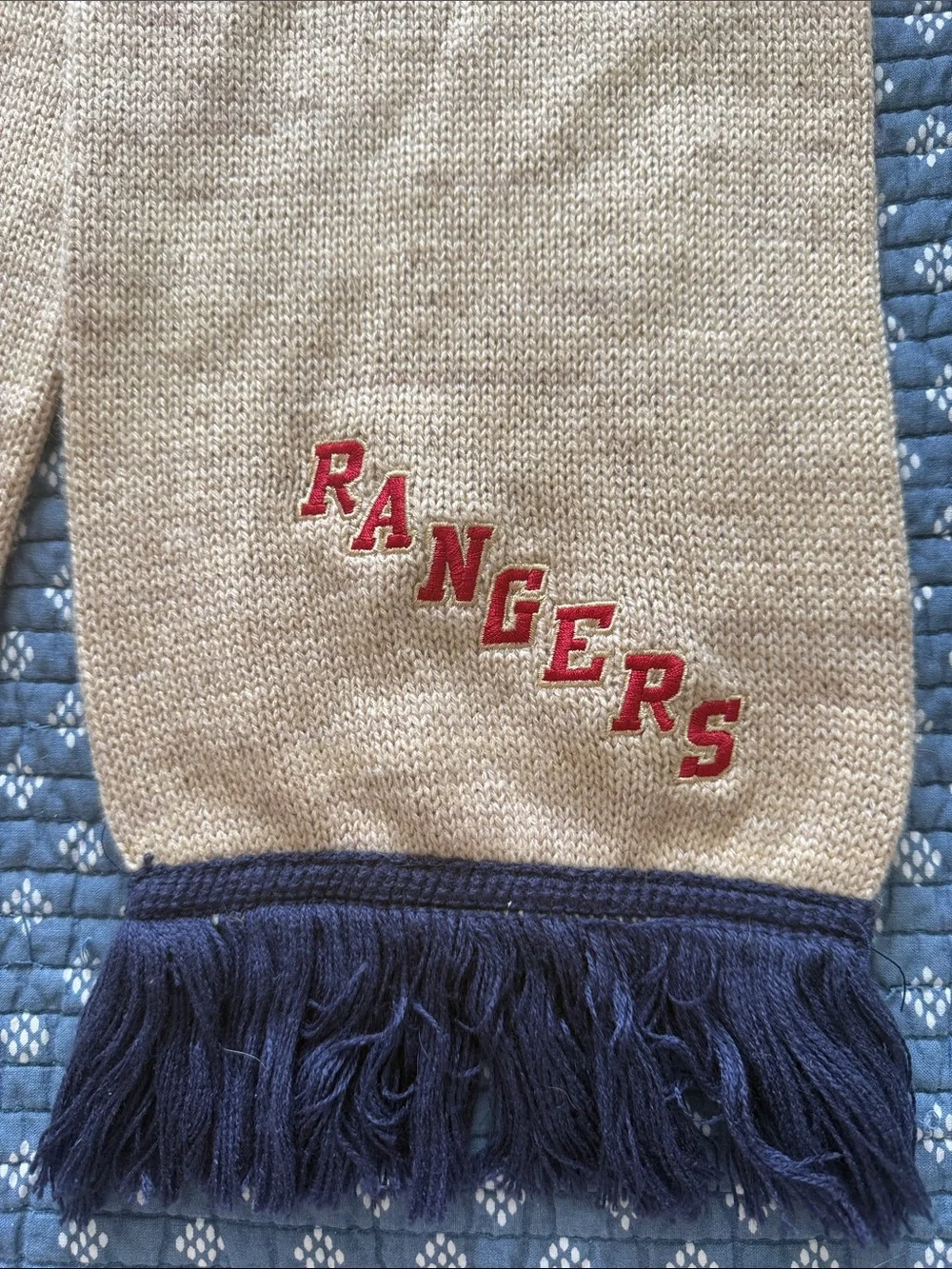 Mitchell & Ness Beige Knit Rangers Scarf with Navy Fringe